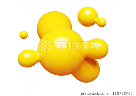 Yellow abstract liquid metaball shape. 3d render illustration of fluid soft bubble blob. Organic bright decorative sphere geometric form. Morphing ball aqua drop or molecule. Flow particles. Yellow abstract liquid metaball shape. 3d render illustration of fluid soft bubble blob. Organic bright decorative sphere geometric form. Morphing ball aqua drop or molecule. Flow particles. 118758795