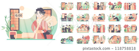 Daily routine of a japanese man set. Modern clerk working, spending time with friends and family. Businessman schedule. Office work and household life. Flat vector illustration 118758818