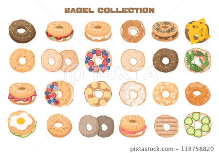 Bagel set. Baked donut sandwich or dessert recipe. Fresh bakery product with fruits, vegetables, cheese, egg and tomato. Delicious breakfast or lunch takeout food. Flat vector illustration Bagel set. Baked donut sandwich or dessert recipe. Fresh bakery product with fruits, vegetables, cheese, egg and tomato. Delicious breakfast or lunch takeout food. Flat vector illustration 118758820