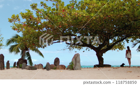 Tourist admiring the ocean view next to a tiki statue on a beach in french polynesia, evoking peace and tranquility, inviting viewers to escape to a tropical paradise Tourist admiring the ocean view next to a tiki statue on a beach in french polynesia, evoking peace and tranquility, inviting viewers to escape to a tropical paradise 118758850