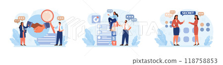 Company credibility set. Brand reputation based on customer loyalty and trust. Corporate public relations strategy. Security of data. Flat vector illustration 118758853