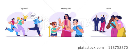 Celebrity routine set. Movie or music star, famous person work and life activities. Well-known female or male artist success. Flat vector illustration Celebrity routine set. Movie or music star, famous person work and life activities. Well-known female or male artist success. Flat vector illustration 118758870