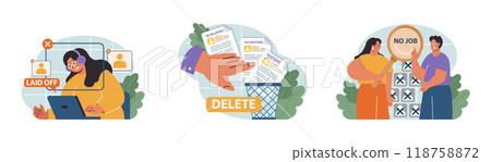 Dismissal of IT specialists set. Mass layoffs of internet technolgy employee due to financial crisis. Overheated labor market. Flat vector illustration 118758872