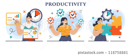 Productivity concept set. Character worktime optimization. Employee job performance, multitasking and efficiency. Career progress and development. Flat vector illustration 118758881