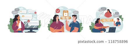 Company credibility set. Brand reputation based on customer loyalty and trust. Corporate public relations strategy. Security of data. Flat vector illustration 118758896