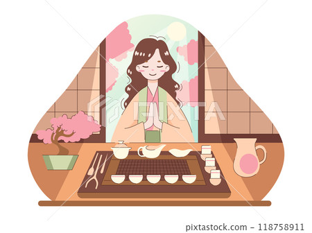 Tea ceremony. Japanese woman preparing and drinking tea at kotatsu table. Traditional asian culture, hot green tea pot, small cups and spoons. Flat vector illustration Tea ceremony. Japanese woman preparing and drinking tea at kotatsu table. Traditional asian culture, hot green tea pot, small cups and spoons. Flat vector illustration 118758911