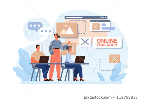 Online education. Character study remotely using internet, online services, application or website. Idea of e-learning and gaining knowledge by modern online courses. Flat vector illustration 118758913