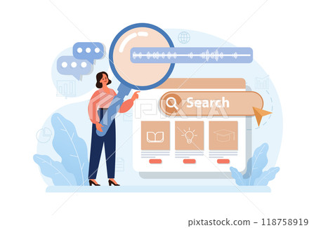 Voice search. Artificial intelligence virtual assistant. Woman speaking on microphone with browser request. Voice activated identification for digital security. Flat vector illustration Voice search. Artificial intelligence virtual assistant. Woman speaking on microphone with browser request. Voice activated identification for digital security. Flat vector illustration 118758919