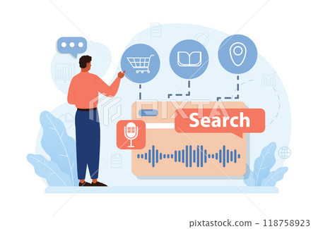 Voice search. Artificial intelligence virtual assistant. Man speaking on microphone with browser request. Voice activated identification for digital security. Flat vector illustration 118758923