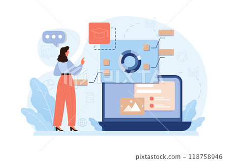 Online education. Character study remotely using internet, online services, application or website. Idea of e-learning and gaining knowledge by modern online courses. Flat vector illustration 118758946