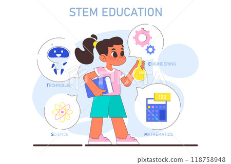 Stem education for children. Little school girl gaining knowledge about technologies, science and mathematics. Kids learning programming and engineering. Flat Vector illustration Stem education for children. Little school girl gaining knowledge about technologies, science and mathematics. Kids learning programming and engineering. Flat Vector illustration 118758948