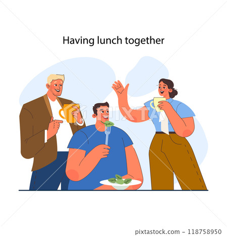Office interaction. Team communication scene, colleagues having meal together. Casual talk of employees during lunch break. Jobflow and corporate relations in modern company. Flat vector illustration Office interaction. Team communication scene, colleagues having meal together. Casual talk of employees during lunch break. Jobflow and corporate relations in modern company. Flat vector illustration 118758950