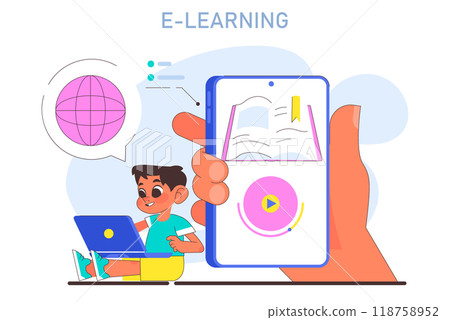 Modern education methodics. Online educational ecosystem and digital technologies. E-learning, child gaining knowledges with web system. Flat vector illustration 118758952