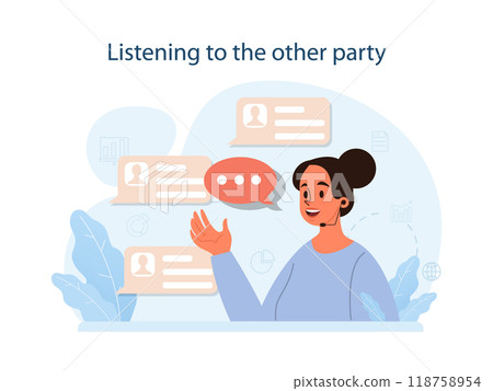 Listen to the other party to conduct difficult negotiation. Business characters with opposite opinions coming up with mutual decision. Making a compromise on a meeting. Flat vector illustration 118758954