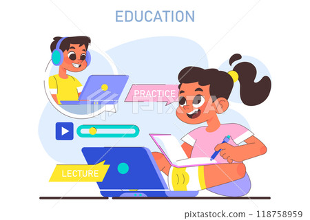 Modern education methodics. Online educational ecosystem and digital technologies. Multidisciplinary and lifelong knowledge gaining for children potential development. Flat vector illustration 118758959