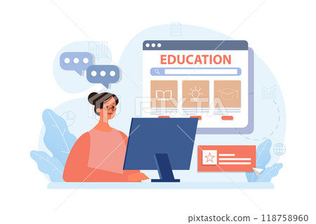 Online education. Character study remotely using internet, online services, application or website. Idea of e-learning and gaining knowledge by modern online courses. Flat vector illustration Online education. Character study remotely using internet, online services, application or website. Idea of e-learning and gaining knowledge by modern online courses. Flat vector illustration 118758960