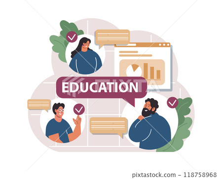 Online education. Character study remotely using internet, online services, application or website. Idea of e-learning and gaining knowledge by modern online courses. Flat vector illustration Online education. Character study remotely using internet, online services, application or website. Idea of e-learning and gaining knowledge by modern online courses. Flat vector illustration 118758968
