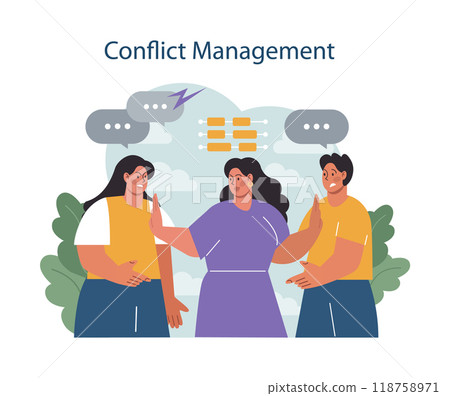 Human resources manager. HR agent competencies and professional tasks. Personnel management specialist resolve employees conflicts. Flat vector illustration Human resources manager. HR agent competencies and professional tasks. Personnel management specialist resolve employees conflicts. Flat vector illustration 118758971