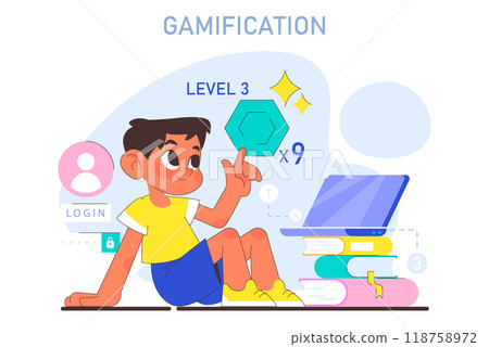 AI in children education. Little school girl gaining knowledge with help of artificial intelligence and gamification of education. Game elements in learning process. Flat Vector illustration 118758972