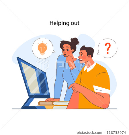 Office interaction. Team communication scene. Work process cooperation and help of employees at workplace. Jobflow and corporate relations in modern company. Flat vector illustration 118758974