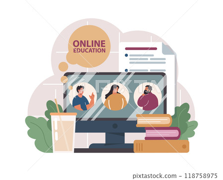 Online education. Character study remotely using internet, online services, application or website. Idea of e-learning and gaining knowledge by modern online courses. Flat vector illustration 118758975