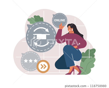 Online education. Character study remotely using internet, online services, application or website. Idea of e-learning and gaining knowledge by modern online courses. Flat vector illustration 118758980