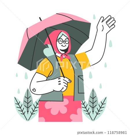 Senior character under the rain. Rainy and cloudy weather in summer or spring. Old woman under umbrella walking outdoor. Flat vector illustration 118758981