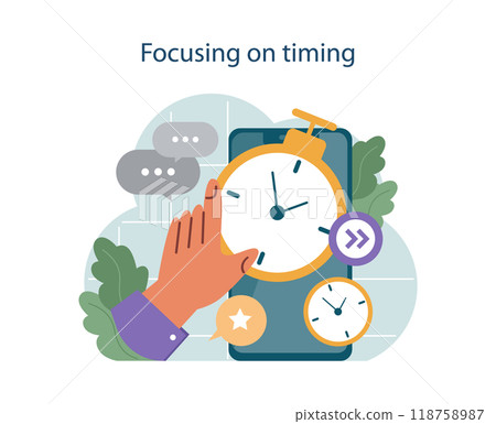 Focus on timing to conduct difficult negotiation. Business characters with opposite opinions coming up with mutual decision. Making a compromise on a meeting. Flat vector illustration 118758987
