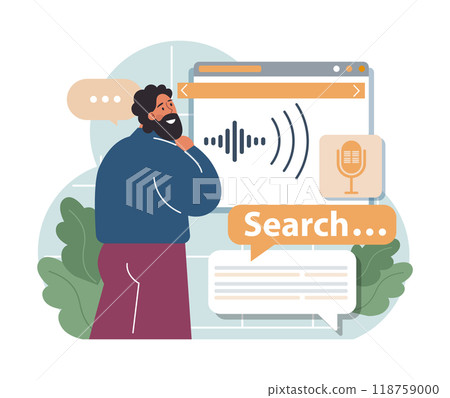 Voice search. Artificial intelligence virtual assistant. Man speaking on microphone with browser request. Voice activated identification for digital security. Flat vector illustration 118759000