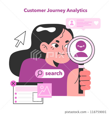 Customer journey analysis. Customer insight and their behavior analytics. Customer experience data processing and business strategy optimization. Flat vector illustration 118759001