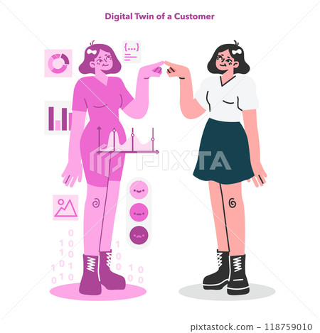Digital marketing. Digital twin. Woman's avatar connected with digital character in cyberspace or metaverse. Customer data, statistics and experience. Flat vector illustration 118759010