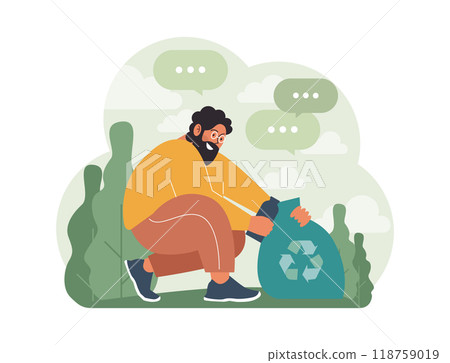 Conscious consumption. Character with eco-friendly life-style. Sustainable practice in the daily life. Garbage collecting, sorting and recycling. Flat vector illustration Conscious consumption. Character with eco-friendly life-style. Sustainable practice in the daily life. Garbage collecting, sorting and recycling. Flat vector illustration 118759019