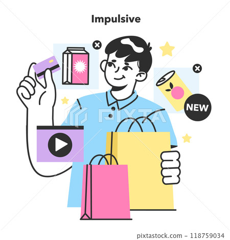 Impulsive consumer behavior. Purchasing without thoughtful consideration or planning. Spontaneous decision to buy and use a product. Marketing strategy building. Flat Vector Illustration 118759034