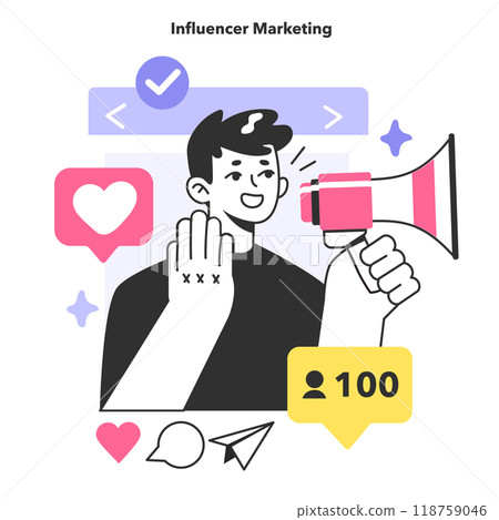 Influencer marketing. Digital promotion in social networks. Website or brand advertisement and public relations. Social media influencer, popular celebrity attract customers. Flat vector illustration Influencer marketing. Digital promotion in social networks. Website or brand advertisement and public relations. Social media influencer, popular celebrity attract customers. Flat vector illustration 118759046