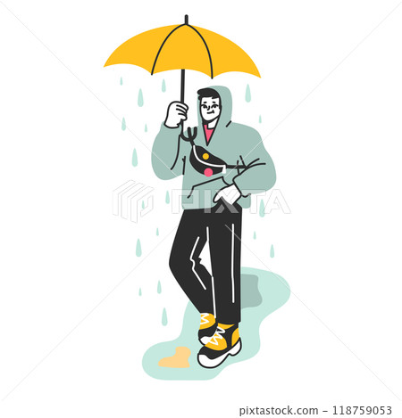 Male character under the rain. Rainy and cloudy weather in summer or spring. Guy walking outdoor under umbrella. Flat vector illustration 118759053