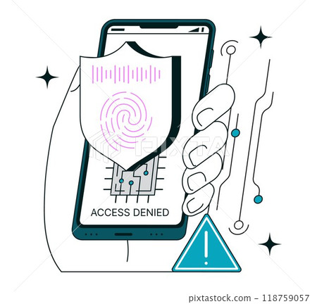Access control system based on artificial intelligence. Biometric control, voice and fingerprint security software. Self-learning computing system processing big data. Flat vector illustration Access control system based on artificial intelligence. Biometric control, voice and fingerprint security software. Self-learning computing system processing big data. Flat vector illustration 118759057