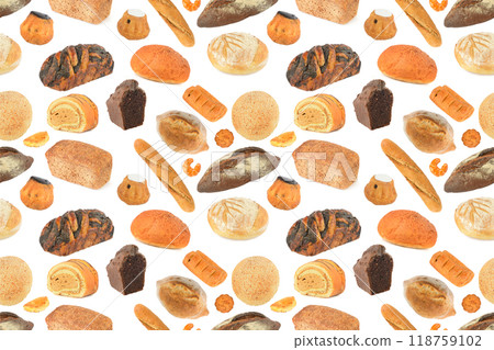 Seamless pattern of delicious bread products made from different types of flour isolated on white 118759102