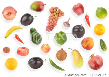 Set bright appetizing fruits and vegetables with light shadow Set bright appetizing fruits and vegetables with light shadow 118759104