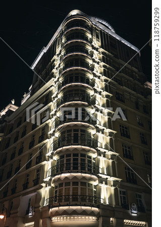 Night illuminated building. A tall, old building in Moscow Night illuminated building. A tall, old building in Moscow 118759299