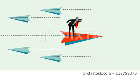 Businessman riding red paper airplane, while others fly in different directions. Innovation and focus needed to stay ahead in competitive business environment. Contemporary art collage. Businessman riding red paper airplane, while others fly in different directions. Innovation and focus needed to stay ahead in competitive business environment. Contemporary art collage. 118759370