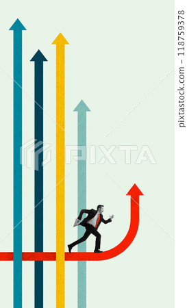 Man running on red arrow among upward arrows, symbolizing breaking through traditional paths to find innovative solutions. Contemporary art collage. Man running on red arrow among upward arrows, symbolizing breaking through traditional paths to find innovative solutions. Contemporary art collage. 118759378