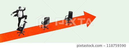Businessman balancing on office chairs lined up on red arrow, symbolizing promotion, challenges and ambitions. Contemporary art collage. 118759390
