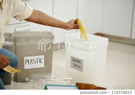 Separating Plastic and Organic Trash in Kitchen 118759653