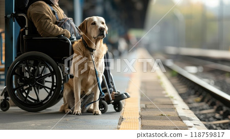 Person in a wheelchair with a service dog waiting at a railway Generative AI 118759817