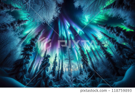 Northern Lights through frost-covered evergreen trees in winter forest 118759893