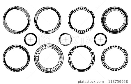 Set of sci fi black circle user interface elements technology futuristic design modern creative on white Set of sci fi black circle user interface elements technology futuristic design modern creative on white 118759938