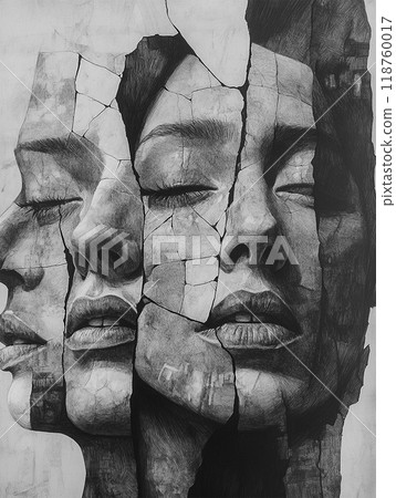 A hand-drawn human faces are fractured like shattered glass, representing the divisions caused by class, race, and social inequality. High contrast of light and shadow, with detailed textures on every 118760017