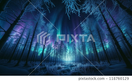 Arctic night winter landscape in the forest silhouetted against the colorful sky with Northern Lights 118760129