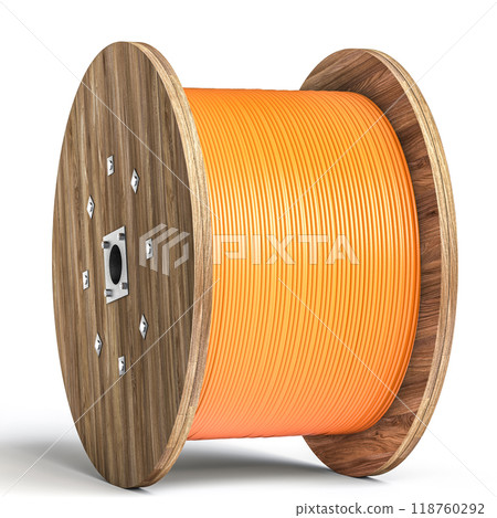 Wooden cable reel with orange cable on white background Wooden cable reel with orange cable on white background 118760292