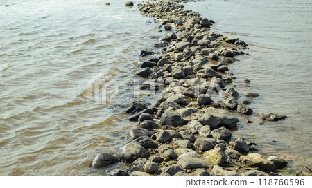 Rocky bank of a large river on a sunny day Rocky bank of a large river on a sunny day 118760596